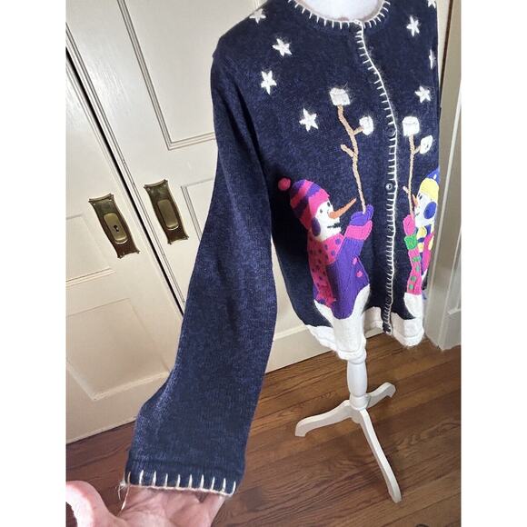 Quacker Factory Snowman Christmas Winter Sweater Cardigan Womens Size Large - Picture 8 of 13
